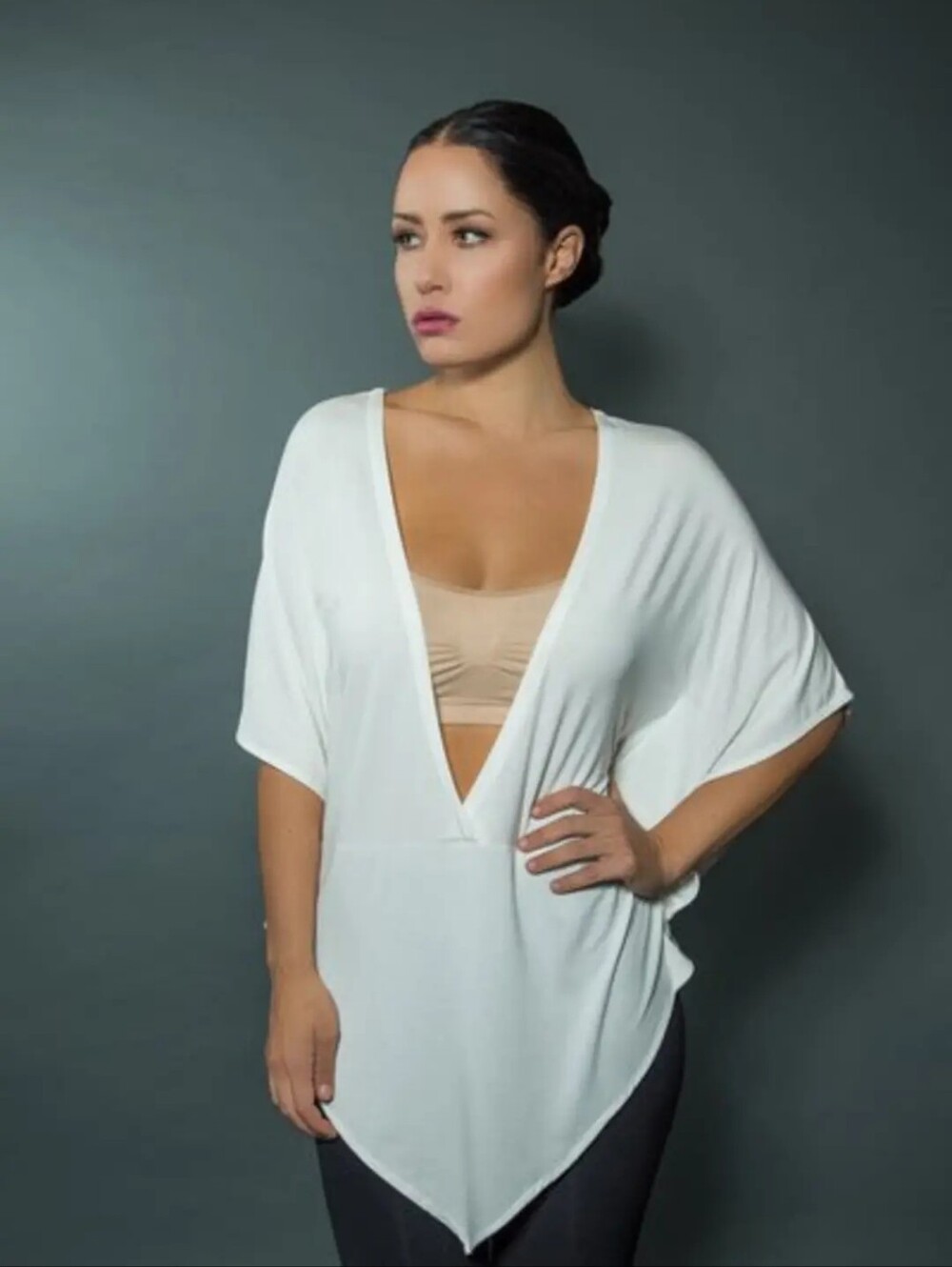 Women's White Draped V-Neck Top